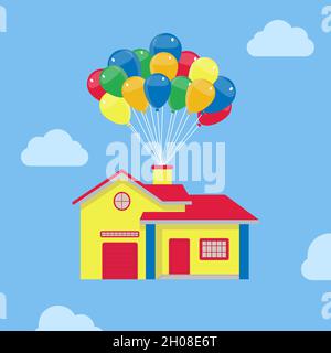 House soaring through the sky being carried by colorful balloons. Conceptual and fantasy. Stock Vector