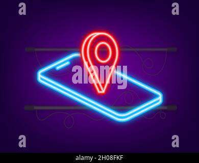 Flat neon icon. Pin smartphone. Vector illustration map. Place symbol. Delivery service. Travel concept Stock Vector