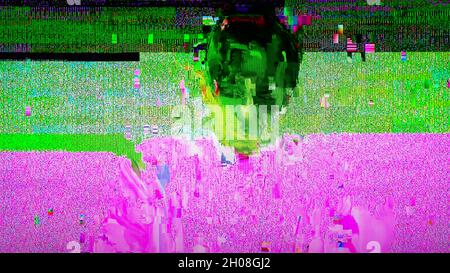 TV Static Noise Glitch Distortion Effect - Digital Video signal on modern LCD TV during live transmission Stock Photo