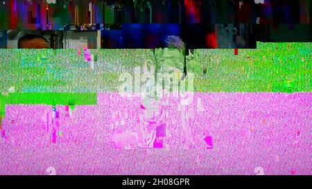 TV Static Noise Glitch Distortion Effect - Digital Video signal on modern LCD TV during live transmission Stock Photo