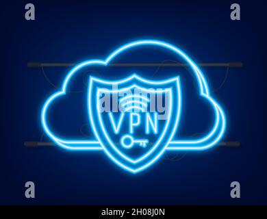 Secure VPN connection concept. Virtual private network connectivity overview. Neon style. Vector stock illustration Stock Vector