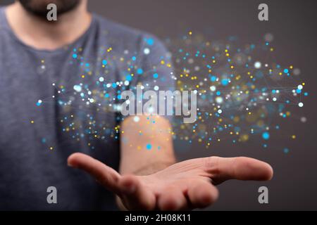 Human hand showing neural network big data and cybersecurity Stock Photo