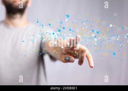 Human hand showing neural network big data and cybersecurity Stock Photo