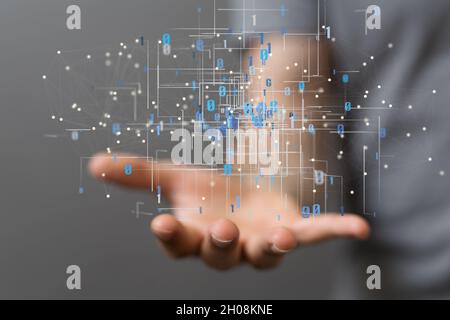 Human hand showing neural network big data and cybersecurity Stock Photo
