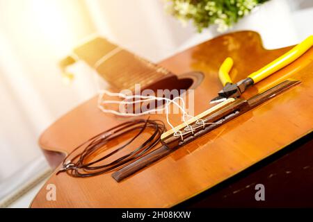 Restring classical guitar concept. Closeup at the new strings. Stock Photo