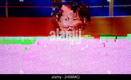 TV Static Noise Glitch Distortion Effect - Digital Video signal on modern LCD TV during live transmission Stock Photo