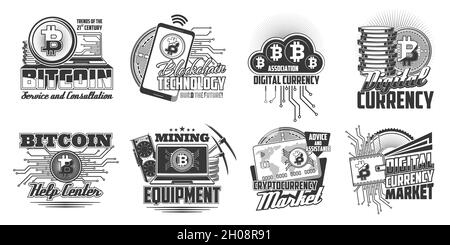 Bitcoin cryptocurrency blockchain technology icons. Laptop computer, cellphone and graphics card, bitcoin coins, bank card and wallet engraved vector. Stock Vector