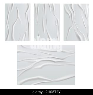 White glued paper wrinkled and crumpled poster paper texture. Vector wet creased or ripped sheets with corrugation isolated on white background. Blank Stock Vector