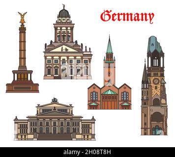 Germany architecture, Berlin landmarks and buildings, vector German churches and cathedrals. St Matthaus Kirche, Victory Column and French cathedral, Stock Vector