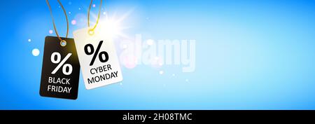 Black Friday & Cyber Monday. Black and white hanging labels with sparkling light reflection and sky background Stock Vector