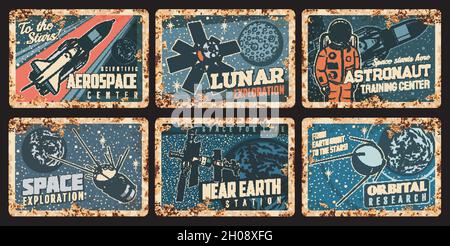 Astronaut, spaceship and satellites rusty plates. Outer space, orbital or galaxy research vector rusty tin signs. Cosmonaut and shuttle in universe re Stock Vector