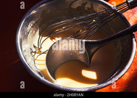 Preparing pancakes in homemade conditions . Kitchen utensils Stock Photo