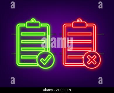 Approved and rejected rubber sign on document, green and red color. Neon icon. Vector illustration Stock Vector