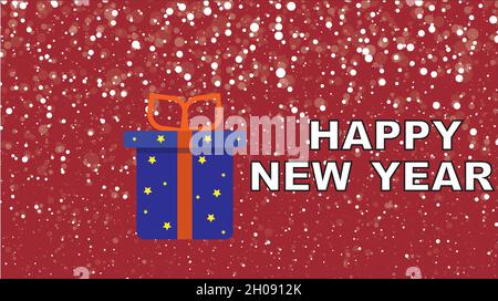 Surprise gift box on red background,snowfall and new year message,EPS8 Stock Vector