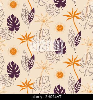 Monstera and palm leaves. Plants pattern. Vector illustration. Stock Vector