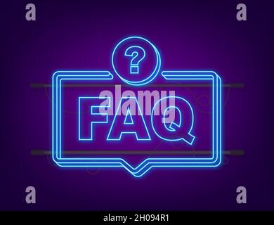 Frequently asked questions FAQ banner. Neon icon. Computer with question icons. Vector illustration Stock Vector
