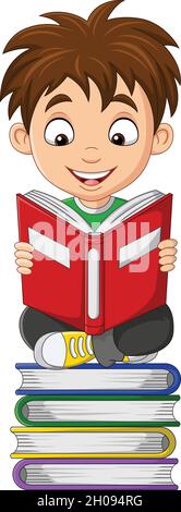 Cartoon little boy reading a book on the pile books Stock Vector