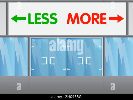More and Less text with arrow with front door background. Bar, Cafe or drink establishment front with poster. Stock Vector