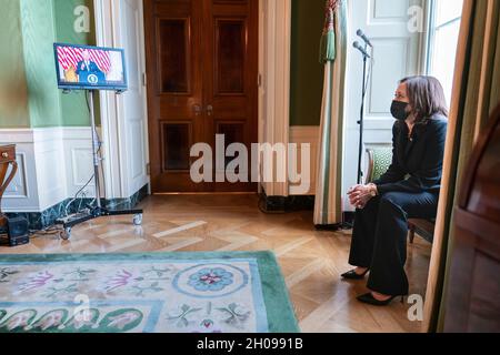 Vice President Kamala Harris watches from the Green Room of the White House as President Joe Biden delivers remarks on the developing situation in Afghanistan, Monday, August 16, 2021. (Official White House Photo by Lawrence Jackson) Stock Photo