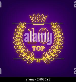 Top 10 - Top Ten gold with blue neon label on black background. Vector illustration Stock Vector