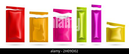 Colored sachets with wet wipes. Vector realistic mockup of 3d blank foil packages with facial napkins. Set of torn pouches, plastic packets different size and colours isolated on white background Stock Vector