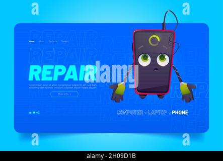 Smartphone repair. Cute mobile phone character with broken screen, low charge and fix tools. Vector cartoon set with mascot for electronic device repair service isolated on white background Stock Vector