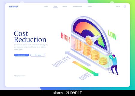 Cost reduction isometric landing page, business concept of optimization financial and marketing strategy, balance between low and high spending, price cut, quality maximization 3d vector web banner Stock Vector