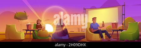 People rest in open air cinema on lawn with big screen, chairs and tables at evening. Vector cartoon summer landscape of backyard or public park with outdoor movie theater, man and women at sunset Stock Vector