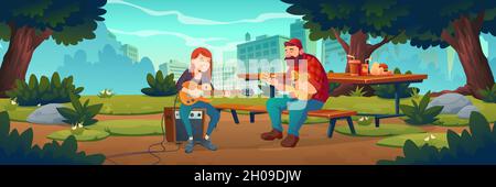 People play music in city park. Musicians with acoustic and electric guitars perform outdoor. Vector cartoon landscape of summer public garden with wooden picnic table and benches Stock Vector