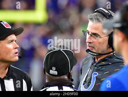 Baltimore, United States. 12th Oct, 2021. Indianapolis Colts head coach Frank Reich talks to referees during the second half of a game against the Baltimore Ravens at M&T Bank Stadium in Baltimore, Maryland, on Monday, October 11, 2021. The Ravens defeated the Colts 31-25. Photo by David Tulis/UPI Credit: UPI/Alamy Live News Stock Photo