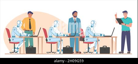 Robots working on computers performing tasks, flat vector illustration. AI and rpa, robotic process automation. Stock Vector