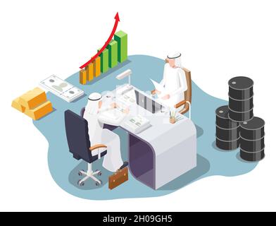 Arab businessmen, oil barrels, gold ingots in office space, vector isometric illustration. Saudi Arabian oil business. Stock Vector