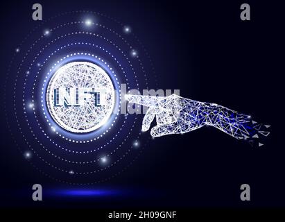 NFT hand touch, vector polygonal art style illustration. Non fungible tokens, crypto art, future technologies. Stock Vector