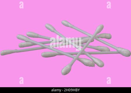 Pile of several white cotton buds with plastic material in isolation on a pink background, the concept of health, beauty, and hygiene Stock Photo