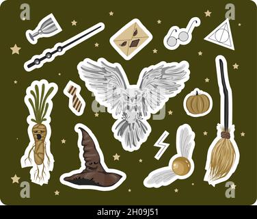 A set of stickers on the theme of magic and witchcraft. Stock Vector