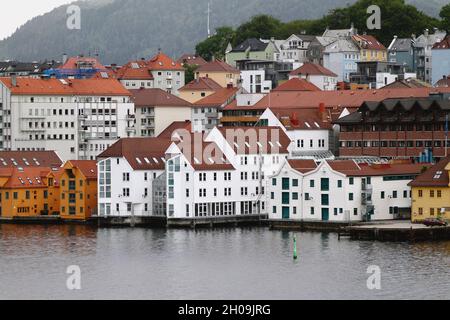 Bergen, Norway - Jun 13, 2012: Bay and town on shore Stock Photo