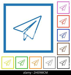 Paper plane outline flat color icons in square frames on white background Stock Vector