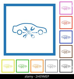 Car repair workshop outline flat color icons in square frames on white background Stock Vector