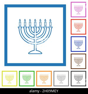 Menorah with burning candles outline flat color icons in square frames on white background Stock Vector