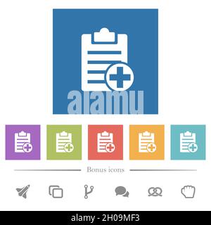 Add new note flat white icons in square backgrounds. 6 bonus icons included. Stock Vector