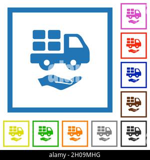 Courier services solid flat color icons in square frames on white background Stock Vector