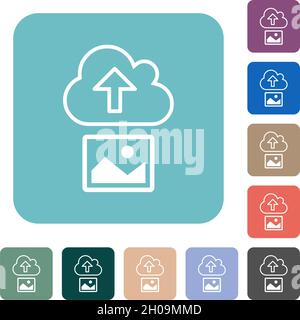 Upload image to cloud outline white flat icons on color rounded square backgrounds Stock Vector