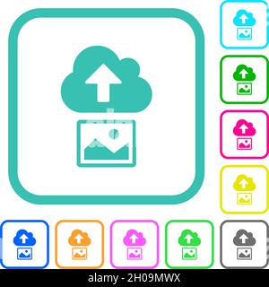 Upload image to cloud solid vivid colored flat icons in curved borders on white background Stock Vector
