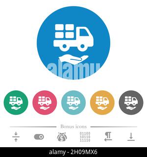 Courier services solid flat white icons on round color backgrounds. 6 bonus icons included. Stock Vector