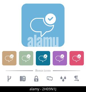 Message sent white flat icons on color rounded square backgrounds. 6 bonus icons included Stock Vector