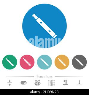 Electronic cigarette solid flat white icons on round color backgrounds. 6 bonus icons included. Stock Vector