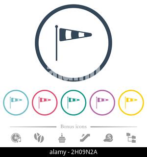Windsock indicator solid flat color icons in round outlines. 6 bonus icons included. Stock Vector
