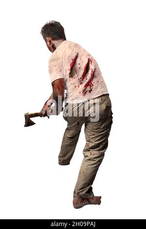 Scary zombie with blood and wound on his body holding ax standing isolated over white background Stock Photo