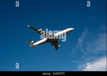 '23.06.2021, Singapore, , Singapore - A Lufthansa Airbus A340-300 passenger aircraft registered D-AIFC and named Gander / Halifax on approach to Chang Stock Photo