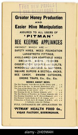 Inside healthy eating booklet, jars Health from Food library no. 12,  this one in the series entitled Honey and the Bee,  by James Henry Cook published Birmingham  dated 1927 Stock Photo